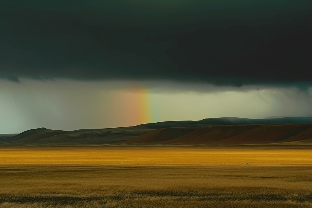 a western landscape with rainstorm and rainbow